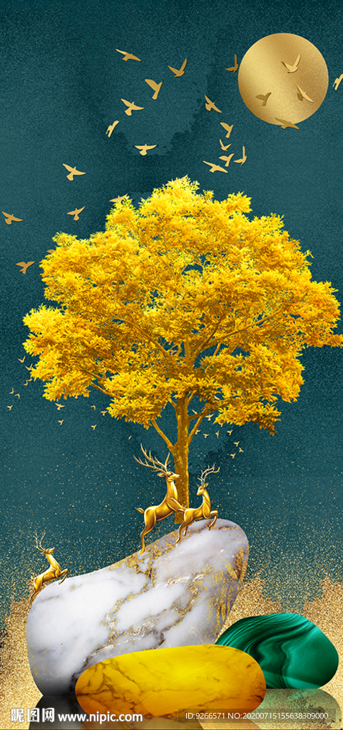 麋鹿山水玄关线条晶瓷画装饰画