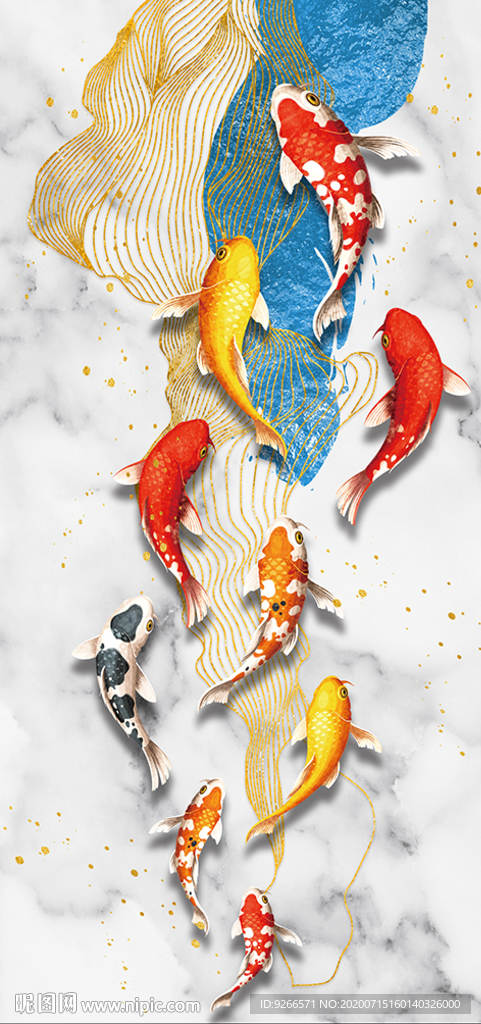 九鱼图玄关线条晶瓷画装饰画