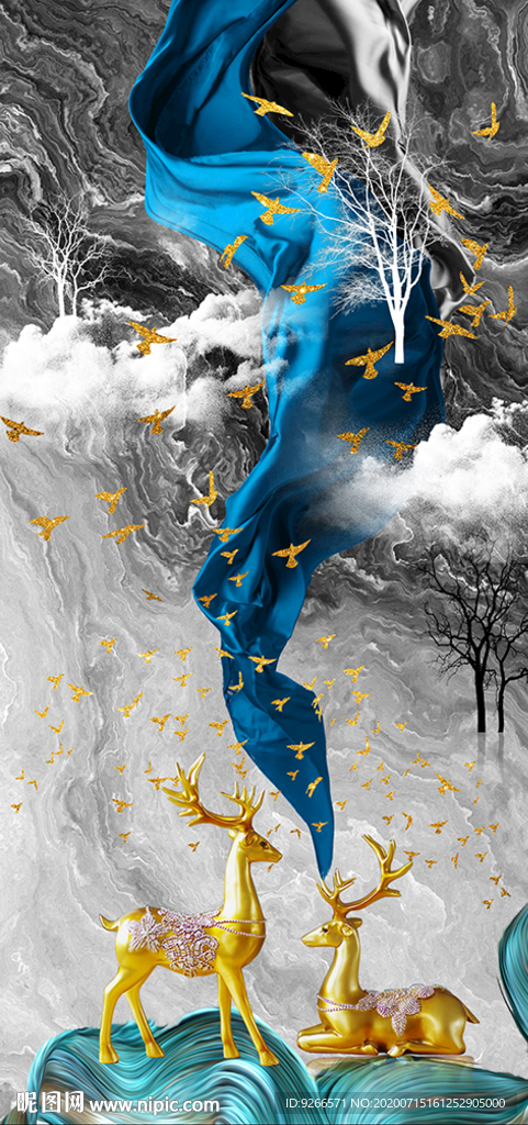 麋鹿山水玄关线条晶瓷画装饰画