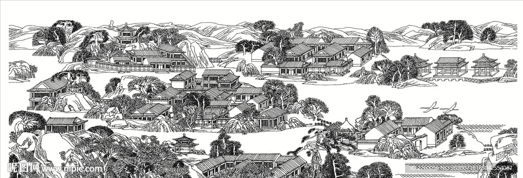 山庄 线条山庄 风景画 线条