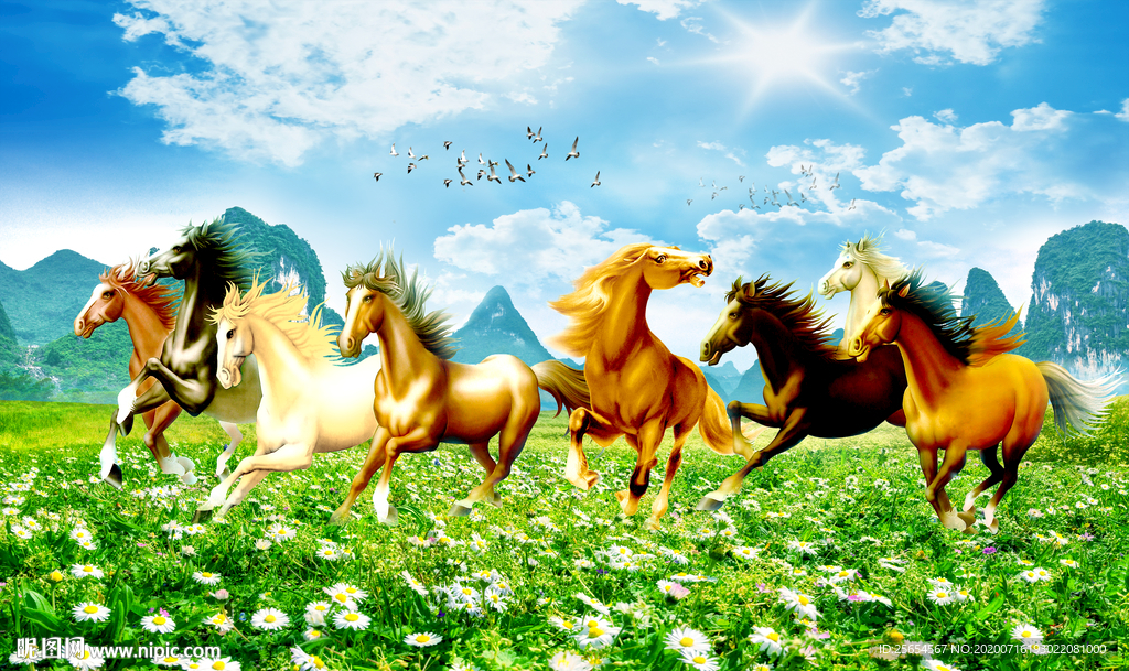 马到成功八骏图背景墙装饰画