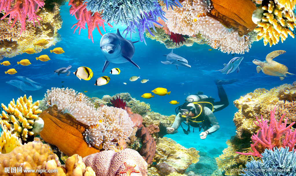 立体海底世界背景墙装饰画