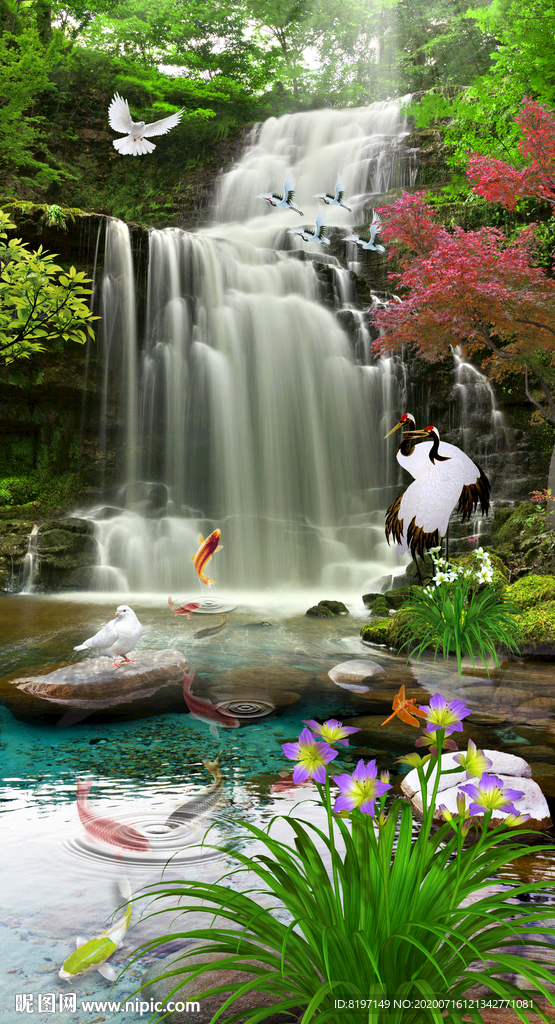 风景画高山流水野鹤戏水广告画