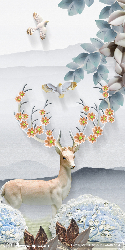 清新简约山水画枝叶鹿子装饰画