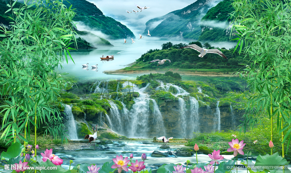 自然风光瀑布流水生财风景画背景