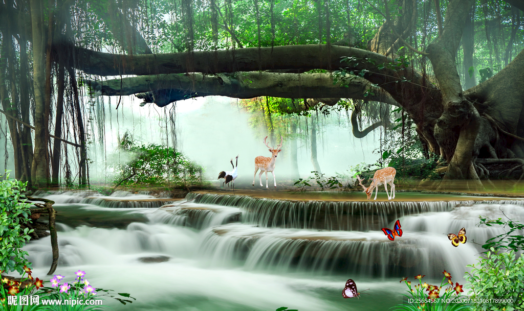 自然风光瀑布流水生财风景画背景