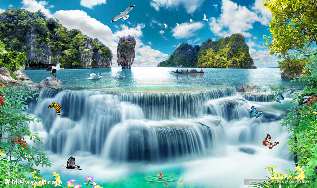 自然风光瀑布流水生财风景画背景
