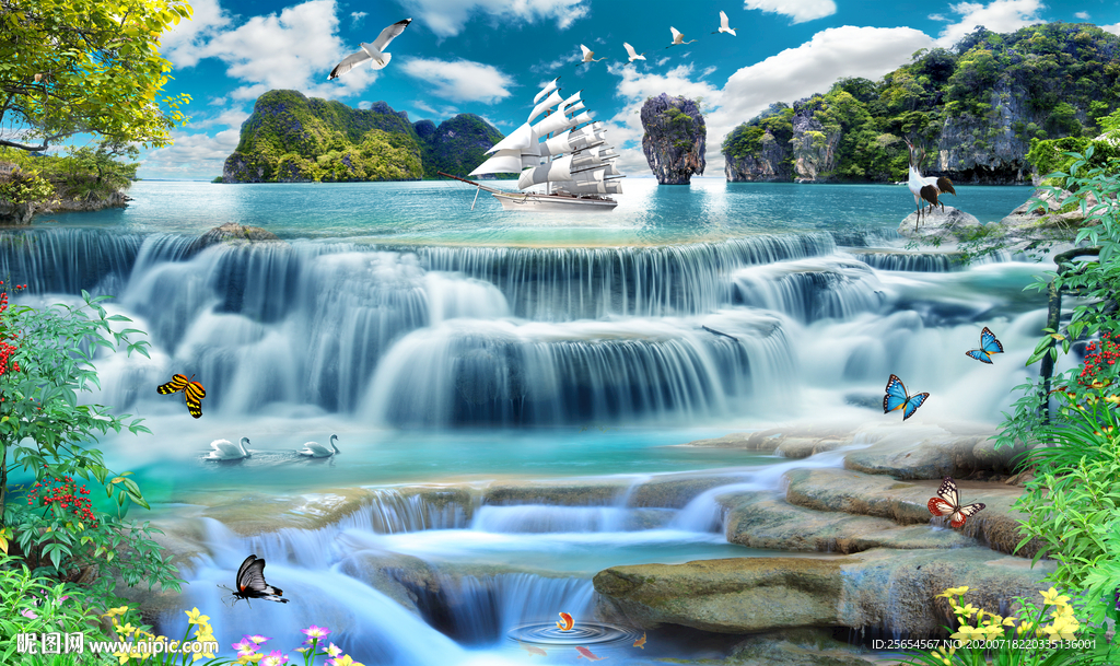 自然风光瀑布流水生财风景画背景