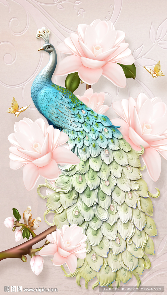 现代清新立体浮雕孔雀玄关装饰画