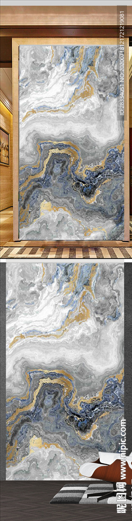 现代金色水墨大理石玄关壁画