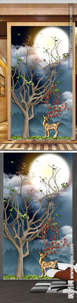 北欧风金色麋鹿森林玄关装饰画