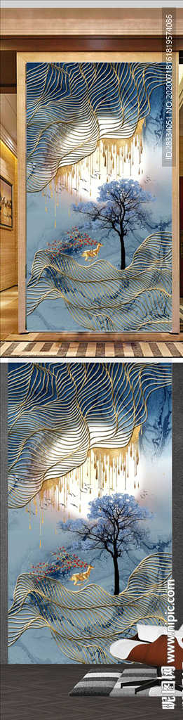 新中式抽象麋鹿山水玄关壁画图片