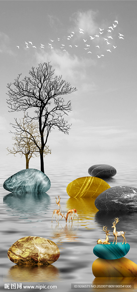 麋鹿山水玄关线条晶瓷画装饰画