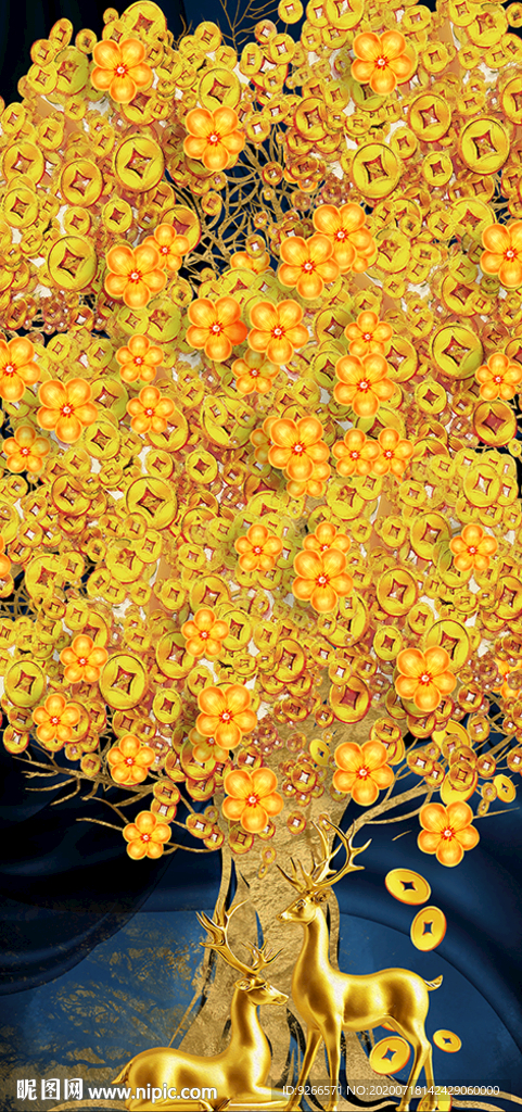 麋鹿发财树玄关线条晶瓷画装饰画