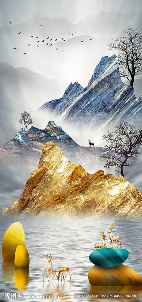 麋鹿山水玄关线条晶瓷画装饰画