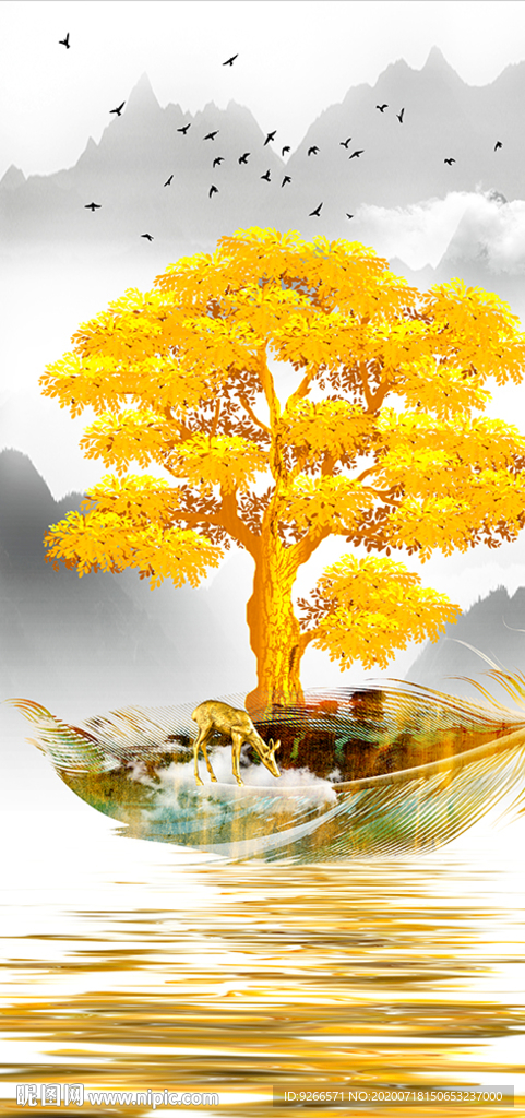 麋鹿山水玄关线条晶瓷画装饰画