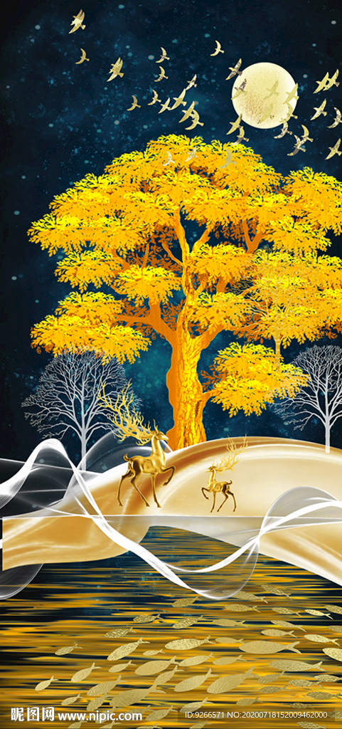 麋鹿山水玄关线条晶瓷画装饰画