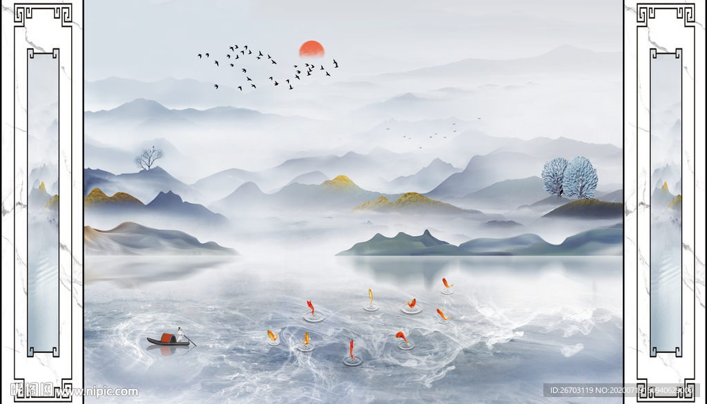 新款爆款护墙板山水背景墙