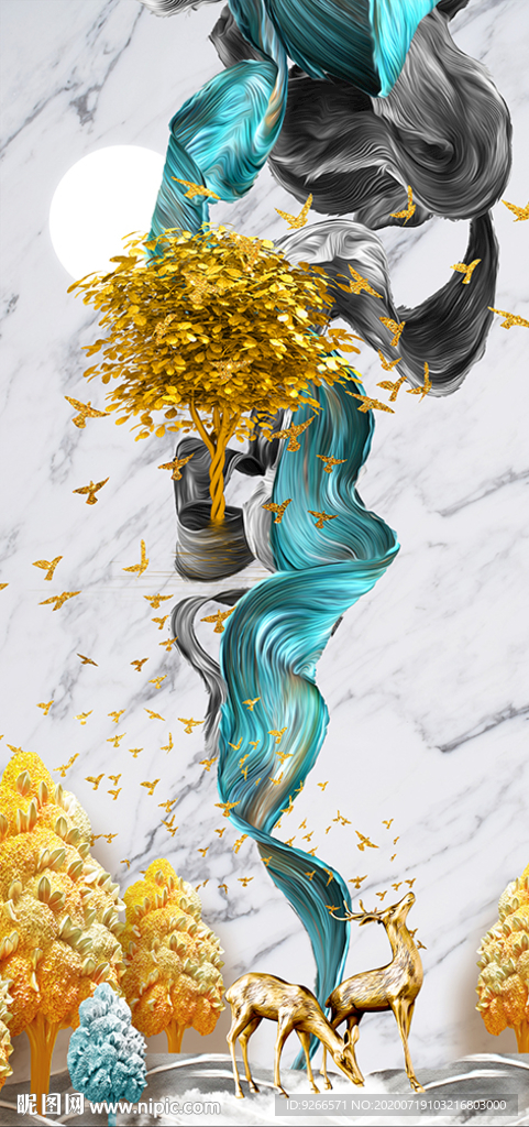 麋鹿山水玄关线条晶瓷画装饰画