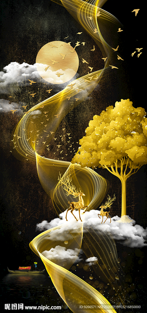 麋鹿山水玄关线条晶瓷画装饰画