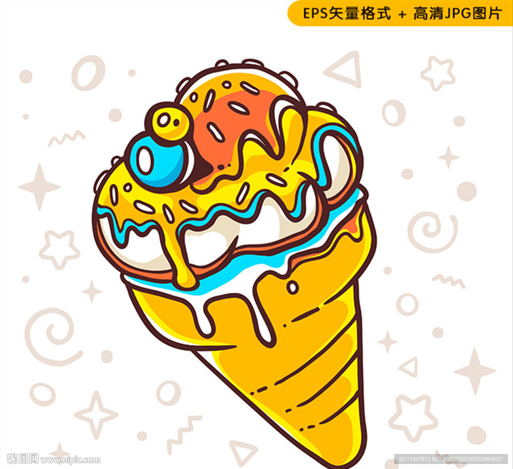 3D质感冰淇淋甜筒漫画矢量插图