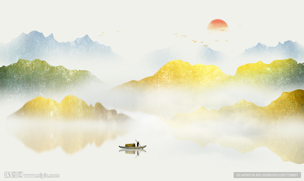 金色水墨山水画