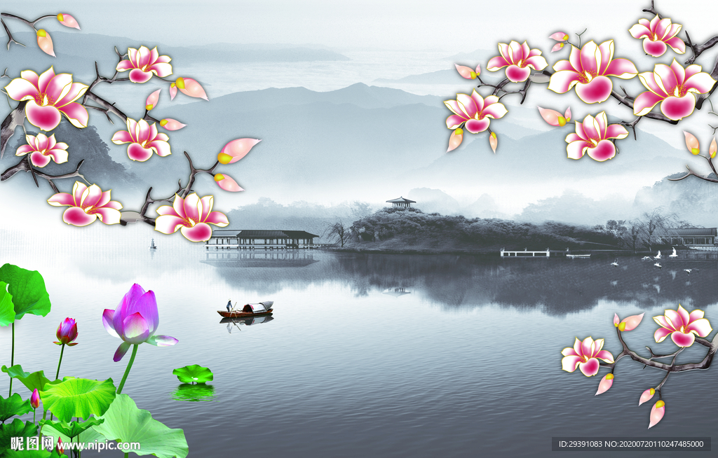 玉兰花江南水乡背景图片