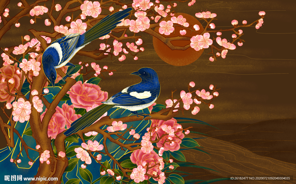 蓝鸟喜鹊孔雀花装饰画背景墙