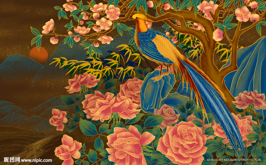 喜鹊孔雀花朵装饰画背景墙
