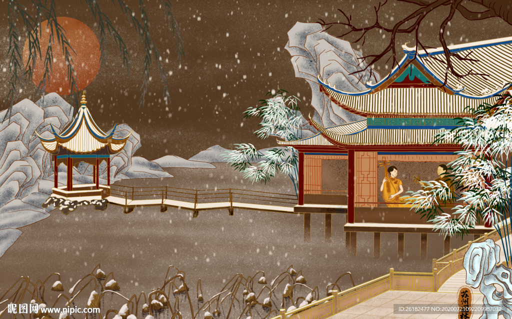 楼亭雪花山景背景墙