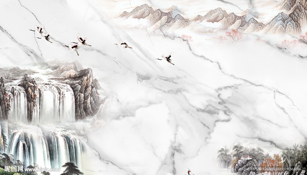 山水鱼肚白背景墙 TIF分层