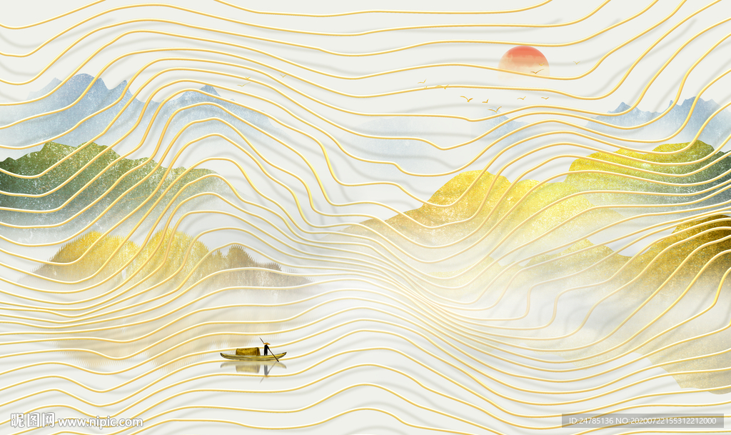 金线条水墨山水画