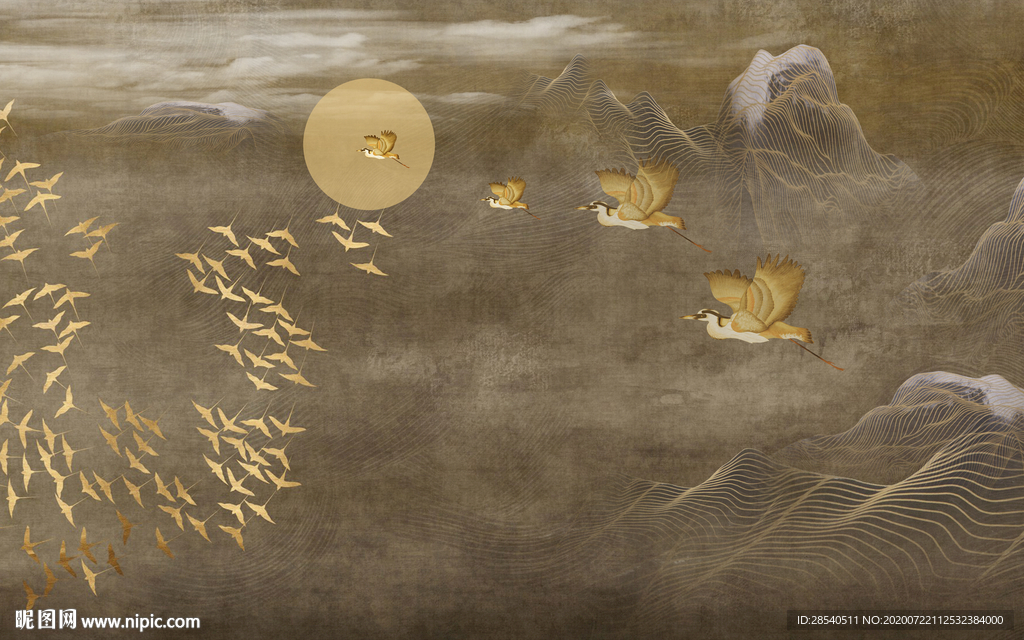 新中式山水飞鹤背景墙图片