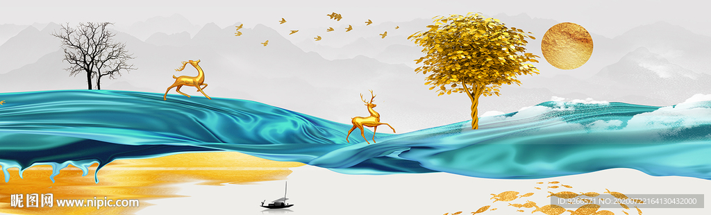 麋鹿山水画床头画装饰画