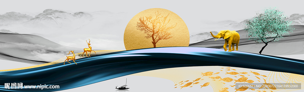 石来运转麋鹿山水画床头画装饰画