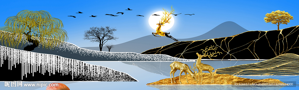 石来运转麋鹿山水画床头画装饰画