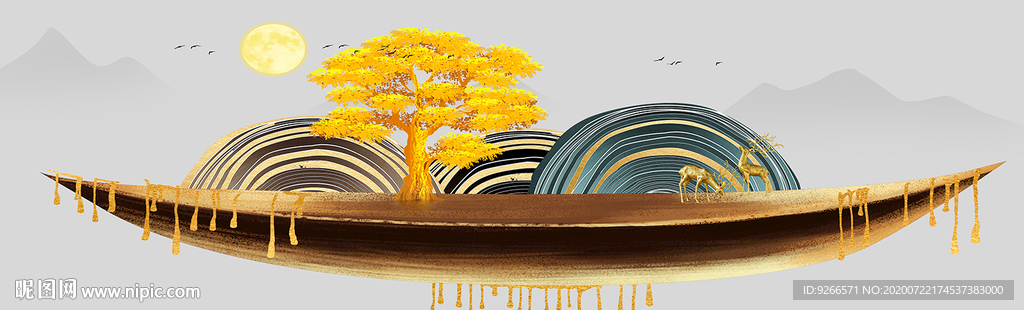 麋鹿山水画床头画装饰画