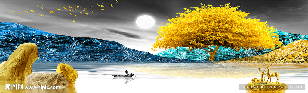 石来运转麋鹿山水画床头画装饰画