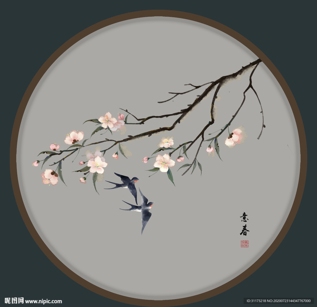 现代新中式圆形花鸟装饰画