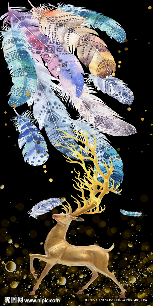 现代羽毛麋鹿晶瓷玄关装饰画