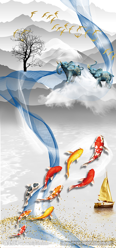 九鱼图抽象线条玄关晶瓷画装饰画