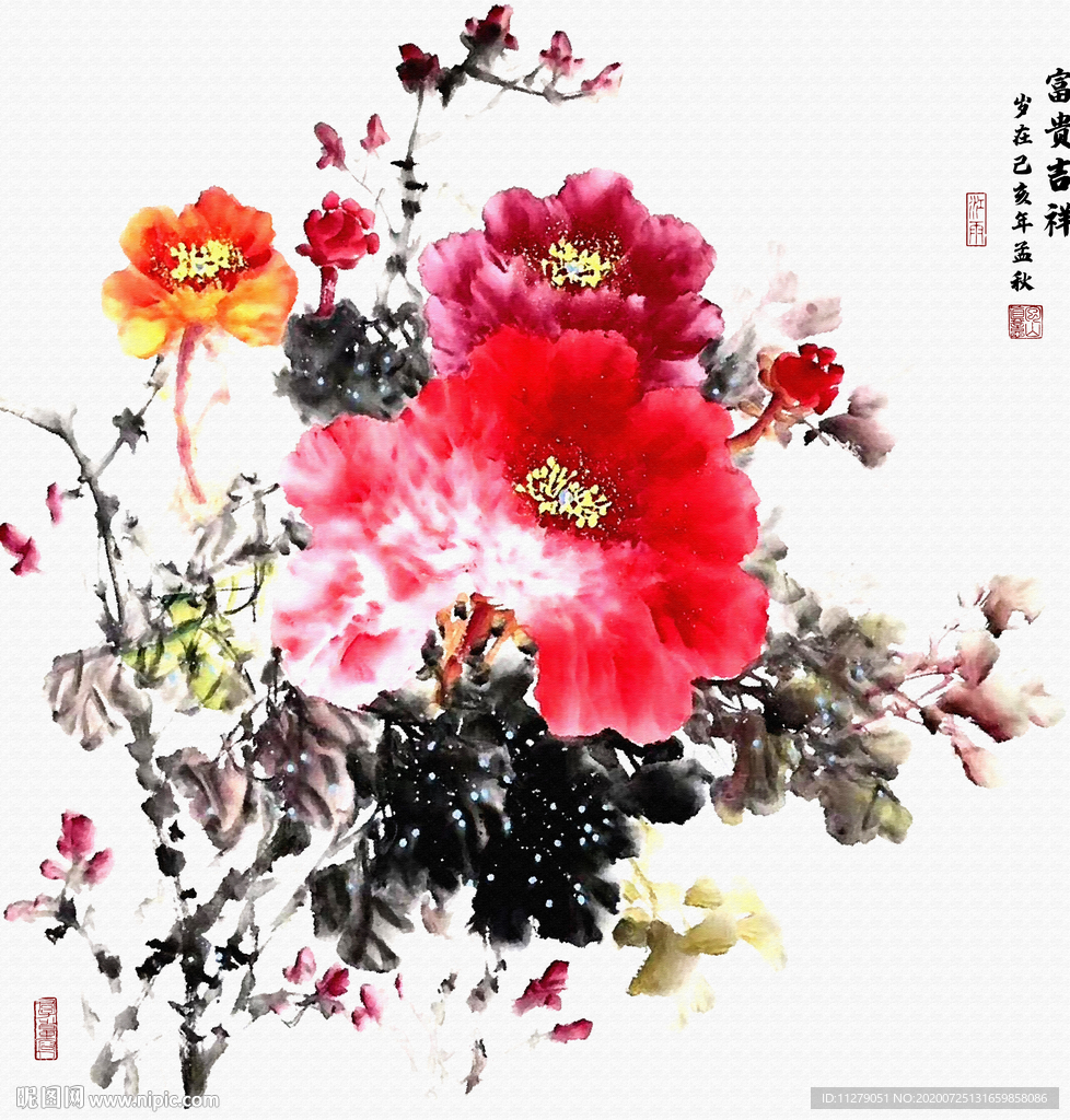 富贵吉祥牡丹花鸟画