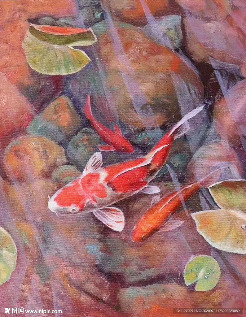 荷花金鱼锦鱼油画