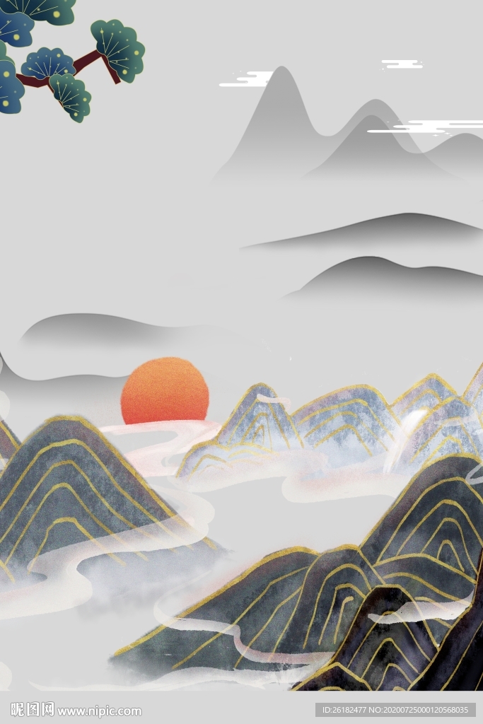 山水云雾太阳装饰画背景墙