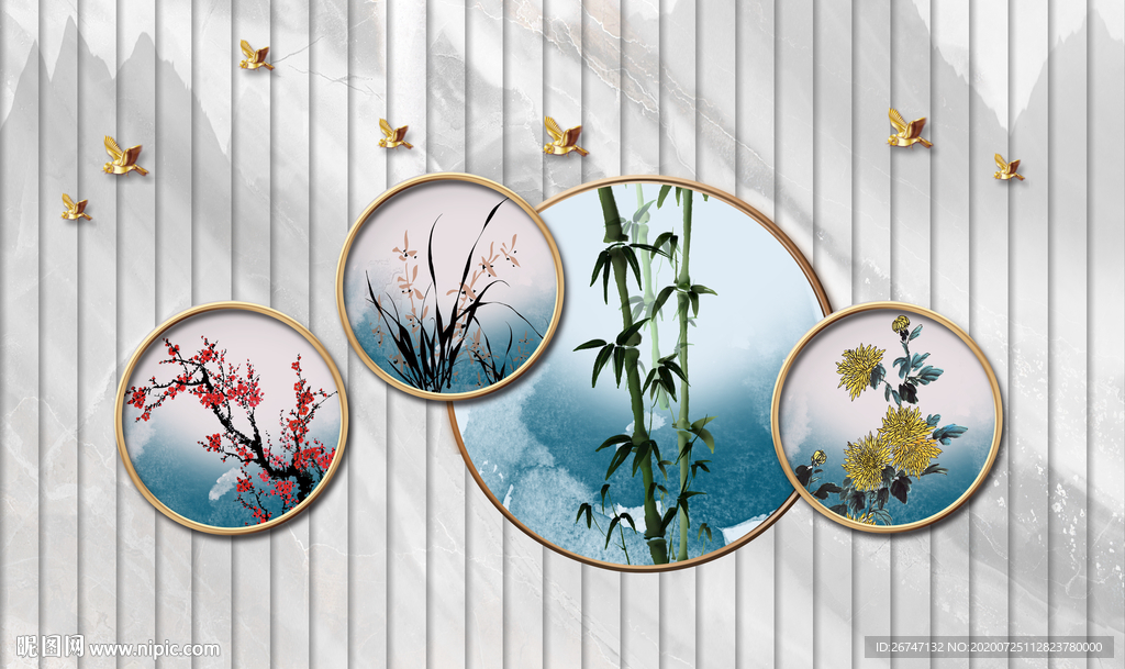 梅兰竹菊山水背景墙