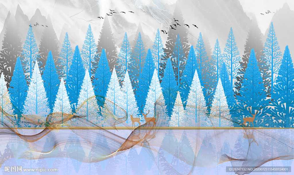 大理石山水麋鹿背景墙