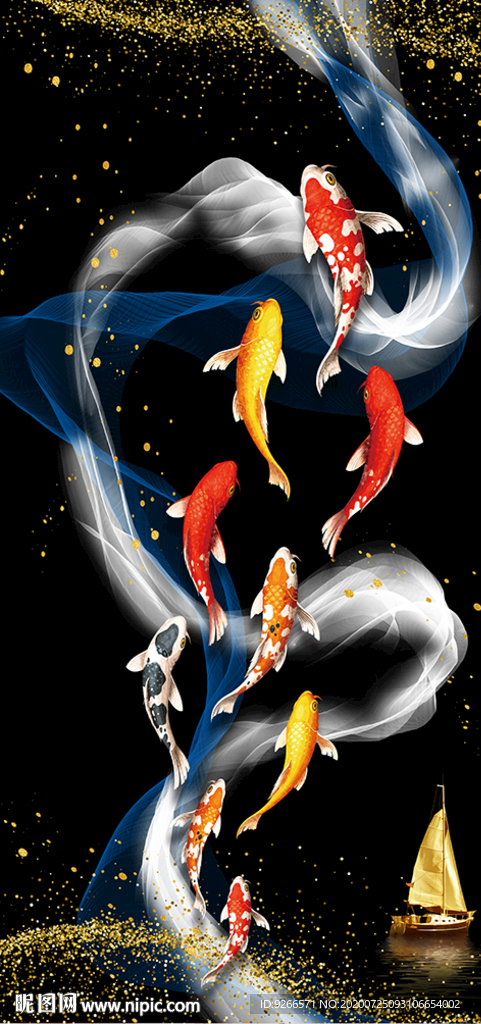 九鱼图抽象线条玄关晶瓷画装饰画