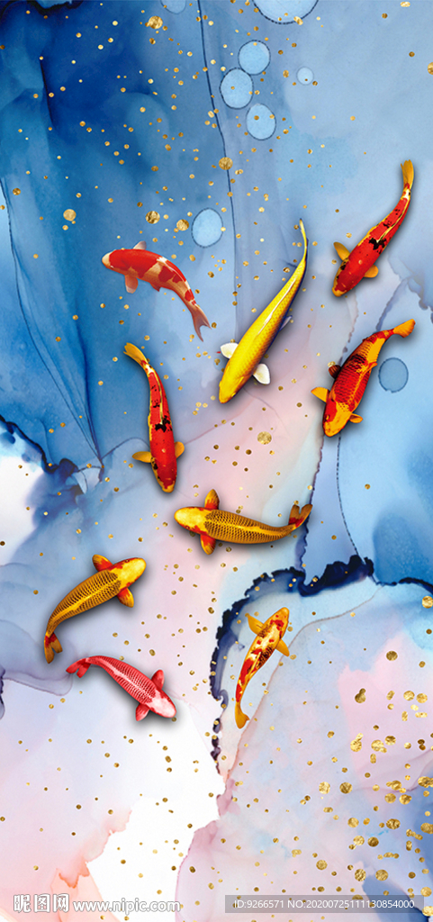 九鱼图抽象线条玄关晶瓷画装饰画