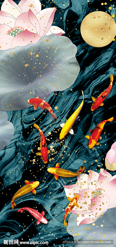 九鱼图抽象线条玄关晶瓷画装饰画