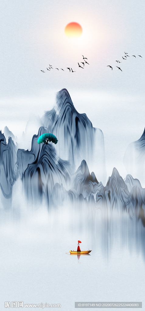 简约蓝色山峰日出太阳河流玄关画